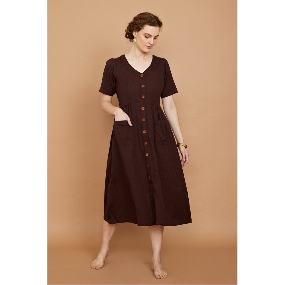 Pana Mina Cotton Flax Mahogany Brown Button Down Midi Dress 3X